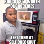 Instant Noodle/regret Kid | BOUGHT $50 WORTH OF GROCERIES; LEFT THEM AT SELF CHECKOUT | image tagged in instant noodle/regret kid | made w/ Imgflip meme maker
