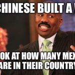 Steve Harvey | THE CHINESE BUILT A WALL; AND LOOK AT HOW MANY MEXICANS ARE IN THEIR COUNTRY | image tagged in memes,steve harvey | made w/ Imgflip meme maker