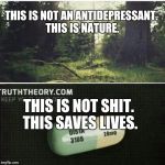 Antidepressants aren't shit. | THIS IS NOT AN ANTIDEPRESSANT. THIS IS NATURE. THIS IS NOT SHIT. THIS SAVES LIVES. | image tagged in prozac,drugs,depression,nature,idiots,shit | made w/ Imgflip meme maker