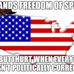 America in a nutshell | DEMANDS FREEDOM OF SPEECH; GETS BUTTHURT WHEN EVERYTHING ISN'T POLITICALLY CORRECT | image tagged in scumbag america,americans,are fat | made w/ Imgflip meme maker
