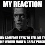 Hermann Ponders | MY REACTION; WHEN SOMEONE TRYS TO TELL ME THAT TRUMP WOULD MAKE A GREAT PRESIDENT | image tagged in hermann ponders | made w/ Imgflip meme maker