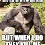 R.I.P.  Harambe | I DON'T ALWAYS SAVE LITTLE KIDS THAT FALL INTO MY ENCLOSURE; BUT WHEN I DO THEY KILL ME | image tagged in ape | made w/ Imgflip meme maker