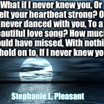 If I Never Knew You | What if I never knew you,
Or felt your heartbeat strong?
Or never danced with you,
To a beautiful love song?
How much I would have missed,
With nothing to hold on to,
If I never knew you... Stephanie L. Pleasant | image tagged in if i never knew you | made w/ Imgflip meme maker