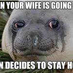 Crying Seal | WHEN YOUR WIFE IS GOING OUT; THEN DECIDES TO STAY HOME | image tagged in crying seal | made w/ Imgflip meme maker