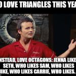 Summer Camp Problems Bill Murray | NO LOVE TRIANGLES THIS YEAR; INSTEAD, LOVE OCTAGONS: JENNA LIKES SETH, WHO LIKES SAM, WHO LIKES MIKE, WHO LIKES CARRIE, WHO LIKES. . . | image tagged in summer camp problems bill murray | made w/ Imgflip meme maker