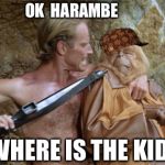 Get your stinking paws off the kid, you damn dirty ape! | OK  HARAMBE; WHERE IS THE KID? | image tagged in apes,scumbag,harambe | made w/ Imgflip meme maker
