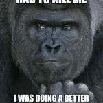 Handsome Gorilla | NOT SURE WHY THEY HAD TO KILL ME; I WAS DOING A BETTER JOB AT TAKING CARE OF THAT BOY THAN HIS MOTHER WAS | image tagged in handsome gorilla | made w/ Imgflip meme maker