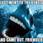 Human teeth shark | I JUST WENT TO THE DENTIST; AND CAME OUT, FRIENDLIER | image tagged in human teeth shark | made w/ Imgflip meme maker
