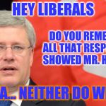 Stephen Harper Bully Niqab Woman | HEY LIBERALS; DO YOU REMEMBER, ALL THAT RESPECT YOU SHOWED MR. HARPER? YA... NEITHER DO WE! | image tagged in stephen harper bully niqab woman | made w/ Imgflip meme maker