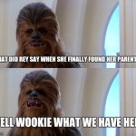chewbacca | WHAT DID REY SAY WHEN SHE FINALLY FOUND HER PARENTS? WELL WOOKIE WHAT WE HAVE HERE | image tagged in chewbacca | made w/ Imgflip meme maker