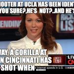 cnn | A WHITE SHOOTER AT UCLA HAS BEEN IDENTIFI.... WAIT, WHAT?......YOU SURE?,HE'S  NOT?..AND HE'S ISLAMIC? ANYWAY, A GORILLA AT A ZOO IN CINCINNATI HAS BEEN SHOT WHEN ....... | image tagged in cnn | made w/ Imgflip meme maker