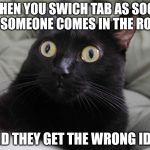 startled cat | WHEN YOU SWICH TAB AS SOON AS SOMEONE COMES IN THE ROOM; AND THEY GET THE WRONG IDEA | image tagged in startled cat | made w/ Imgflip meme maker