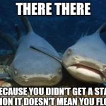 When You're a Shark that Works at Sea World. | THERE THERE; JUST BECAUSE YOU DIDN'T GET A STANDING OVATION IT DOESN'T MEAN YOU FLOPPED | image tagged in empathetic shark | made w/ Imgflip meme maker
