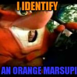 Crash Bandicoot Driving | I IDENTIFY; AS AN ORANGE MARSUPIAL | image tagged in crash bandicoot driving | made w/ Imgflip meme maker
