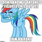 trollface pony | I DON'T KNOW IF ANYONE'S FIGURED THIS OUT YET; I AM A BRONY | image tagged in trollface pony | made w/ Imgflip meme maker
