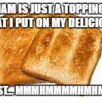 Toast | JAM IS JUST A TOPPING THAT I PUT ON MY DELICIOUS; TOAST... MMMHMMMMHMHMMM | image tagged in toast | made w/ Imgflip meme maker