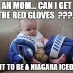 hockey baby | AH MOM... CAN I GET THE RED GLOVES  ???... I WANT TO BE A NIAGARA ICEDOG !!! | image tagged in hockey baby | made w/ Imgflip meme maker