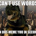 Super Dawg | CAN'T USE WORDS; CAN OUT-MEME YOU IN SECONDS | image tagged in super dawg | made w/ Imgflip meme maker