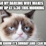 http://www.google.com/imgres?imgurl=http://cdn.grumpycats.com/wp | SO MY DARLING WIFE WAKES ME UP AT 5:30 THIS MORNING; TO LET ME KNOW IT'S SUNDAY AND I CAN SLEEP IN | image tagged in http//wwwgooglecom/imgresimgurlhttp//cdngrumpycatscom/wp | made w/ Imgflip meme maker