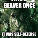 fighting off the beave | I ATE A BEAVER ONCE; IT WAS SELF-DEFENSE | image tagged in sad treebeard | made w/ Imgflip meme maker