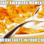 Fart in Cornflakes | THAT AWKWARD MOMENT; WHEN SOMEONE FARTS IN YOUR CORNFLAKES | image tagged in fart in cornflakes | made w/ Imgflip meme maker