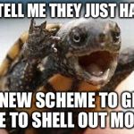 Politicians | DON'T TELL ME THEY JUST HATCHED; A NEW SCHEME TO GET ME TO SHELL OUT MORE | image tagged in turtle,memes,bad puns,animals | made w/ Imgflip meme maker