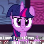 Twilight Sparkle snarky | You know if your IQ were octane, you couldn't run a lawnmower! | image tagged in twilight sparkle snarky | made w/ Imgflip meme maker