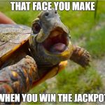 My First Meme | THAT FACE YOU MAKE; WHEN YOU WIN THE JACKPOT | image tagged in that face turtle,memes | made w/ Imgflip meme maker