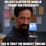 Evil Abed | HILLARY CLINTON OR DONALD TRUMP FOR PRESIDENT? THIS IS TRULY THE DARKEST TIMELINE | image tagged in evil abed | made w/ Imgflip meme maker