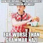 Help me, I am dying here | HOW DO I DISABLE THE AUTOCORRECT FUNCTION ON MY WIFE? FAR WORSE THAN GRAMMAR NAZI | image tagged in hitler housewife | made w/ Imgflip meme maker