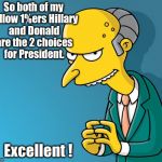 Mr. Burns | So both of my fellow 1%ers Hillary and Donald are the 2 choices for President. Excellent ! | image tagged in mr burns | made w/ Imgflip meme maker
