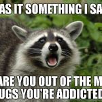 Surpised raccoon | WAS IT SOMETHING I SAID; OR ARE YOU OUT OF THE MANY DRUGS YOU'RE ADDICTED TO | image tagged in surpised raccoon,memes | made w/ Imgflip meme maker