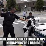 Stormtrooper Arrest | YOU'RE UNDER ARREST FOR ATTEMPTED KIDNAPPING OF 2 DROIDS | image tagged in stormtrooper arrest | made w/ Imgflip meme maker