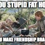 Stupid fat hobbit | OH YOU STUPID FAT HOBBIT; WHY YOU MAKE FRIENDSHIP BRACELETS? | image tagged in stupid fat hobbit | made w/ Imgflip meme maker