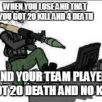 noob players | WHEN YOU LOSE AND THAT YOU GOT 20 KILL AND 4 DEATH; AND YOUR TEAM PLAYER GOT 20 DEATH AND NO KILL | image tagged in noob jungler | made w/ Imgflip meme maker