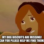 My Dog Biscuits Are Missing! | MY DOG BISCUITS ARE MISSING! CAN YOU PLEASE HELP ME FIND THEM? | image tagged in dixie,memes,disney,the fox and the hound 2,reba mcentire,dog | made w/ Imgflip meme maker