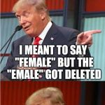Bad Pun Trump | HILLARY ISN'T QUALIFIED TO BE THE FIRST F PRESIDENT I MEANT TO SAY "FEMALE" BUT THE "EMALE" GOT DELETED | image tagged in bad pun trump | made w/ Imgflip meme maker