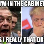 boris and farage | I'M IN THE CABINET; WAS I REALLY THAT DRUNK | image tagged in boris and farage | made w/ Imgflip meme maker
