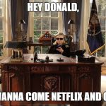 Hillary in the Oval Office | HEY DONALD, YOU WANNA COME NETFLIX AND CHILL? | image tagged in hillary in the oval office | made w/ Imgflip meme maker