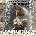 Baby elephant | SINCE WE BOTH LOVE ELEPHANTS SO MUCH; THIS LIL GIRL IS SHOWERING YOU WITH HAPPY BIRTHDAY WISHES DONNA! | image tagged in baby elephant | made w/ Imgflip meme maker