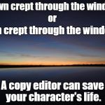 Dawn Of The Editors | Dawn crept through the window; or; Don crept through the window. A copy editor can save your character's life. | image tagged in crackadawn,editor,spelling | made w/ Imgflip meme maker