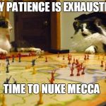 MY PATIENCE IS EXHAUSTED | MY PATIENCE IS EXHAUSTED; TIME TO NUKE MECCA | image tagged in imperialism cats,muslim,islam,nuclear explosion,middle east,terrorism | made w/ Imgflip meme maker