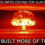 irrationality | WHILE YOU WERE CRYING FOR GUN CONTROL; THEY BUILT MORE OF THESE. | image tagged in nuclear guns | made w/ Imgflip meme maker