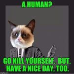 Grumpy cat kill yourself | A HUMAN? GO KILL YOURSELF.  BUT, HAVE A NICE DAY, TOO. | image tagged in grumpy cat kill yourself | made w/ Imgflip meme maker