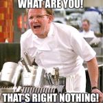 gordon ramsay | WHAT ARE YOU! THAT'S RIGHT NOTHING! | image tagged in gordon ramsay | made w/ Imgflip meme maker
