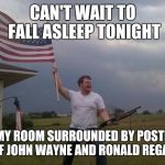 Gun loving conservative | CAN'T WAIT TO FALL ASLEEP TONIGHT; IN MY ROOM SURROUNDED BY POSTERS OF JOHN WAYNE AND RONALD REGAN | image tagged in gun loving conservative | made w/ Imgflip meme maker