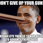 Obama and His Gun Grab | DON'T GIVE UP YOUR GUNS; THE KORAN LETS THEM LIE TO NON-BELIEVERS TO ADVANCE THEIR CAUSE | image tagged in obama pinocchio,guns,obama,trump 2016,lies | made w/ Imgflip meme maker