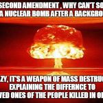 atomic bomb mushroom | IF THE SECOND AMENDMENT , WHY CAN'T SOMEONE PURCHASE A NUCLEAR BOMB AFTER A BACKGROUND CHECK. THAT'S CRAZY, IT'S A WEAPON OF MASS DESTRUCTION....TRY EXPLAINING THE DIFFERNCE TO THE LOVED ONES OF THE PEOPLE KILLED IN ORLANDO | image tagged in atomic bomb mushroom | made w/ Imgflip meme maker