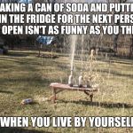 sodaboom | SHAKING A CAN OF SODA AND PUTTING IT IN THE FRIDGE FOR THE NEXT PERSON TO OPEN ISN'T AS FUNNY AS YOU THINK; WHEN YOU LIVE BY YOURSELF | image tagged in sodaboom | made w/ Imgflip meme maker