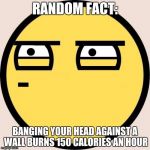 Random, Useless Fact of the Day | RANDOM FACT:; BANGING YOUR HEAD AGAINST A WALL BURNS 150 CALORIES AN HOUR | image tagged in memes,random useless fact of the day | made w/ Imgflip meme maker